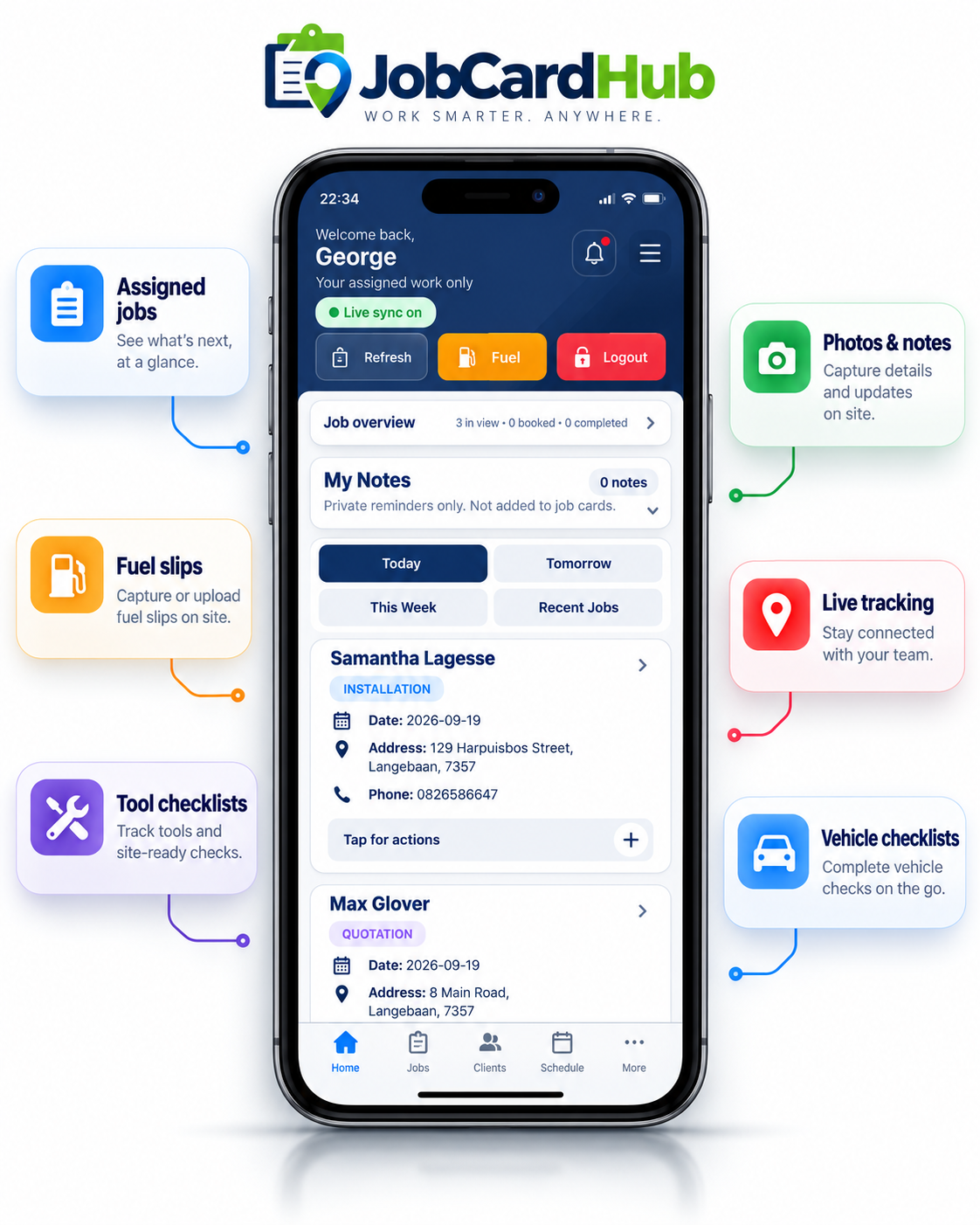 JobCardHub technician mobile app with assigned jobs, field photos, fuel slips, live tracking and checklists