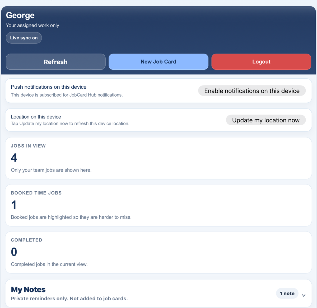JobCardHub technician dashboard preview